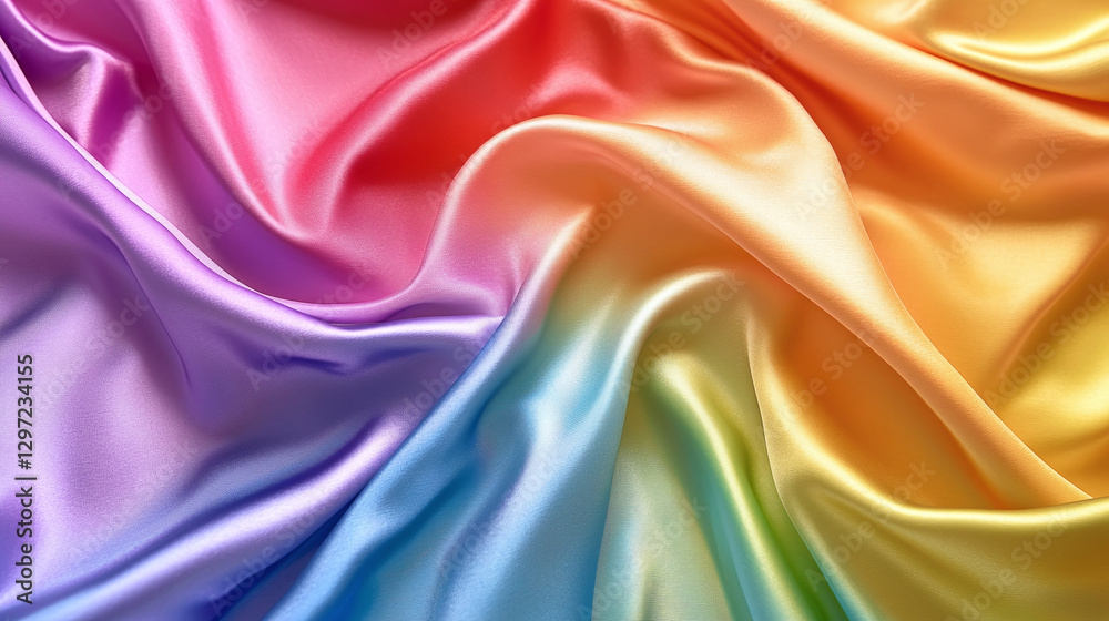 Fototapeta premium Rainbow Fabric Drapes: A vibrant and smooth blend of purple, pink, red, orange, yellow, green, and blue in flowing waves of fabric.