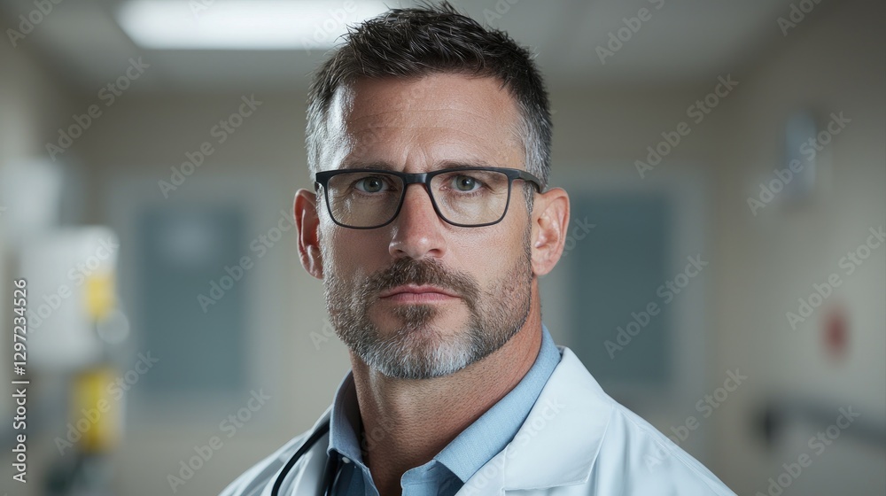 Obraz premium Serious doctor hospital hallway portrait (1)