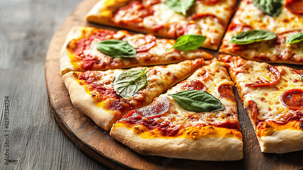 Delicious pepperoni pizza with fresh basil, served on a rustic wooden board. Mouthwatering Italian comfort food! Delicious pepperoni pizza with fresh basil, served on a rustic wooden board. Mouthwatering Italian comfort food!
