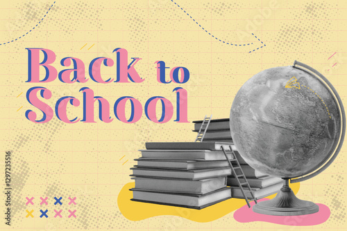 Trendy halftone collage, A banner on the theme of back to school.  globe and books
