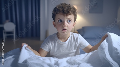 Young boy sitting on edge of his bed with a worried expression, holding a wet bedsheet. emotional aspect of childhood enuresis photo