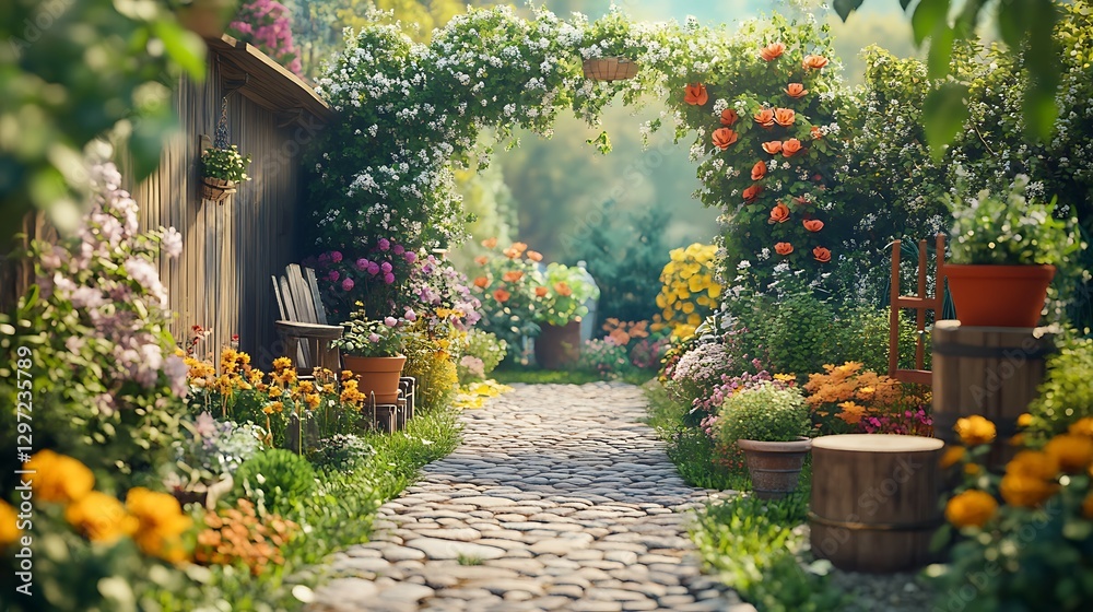 Garden pathway with flowers under tree canopy high resolution picture Garden pathway with flowers under tree canopy high resolution picture