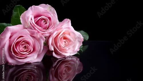 Colorful roses adorned with dew drops, placed on a reflective black surface, evoking romantic and serene emotions perfect for special occasions or floral-themed projects, isolated on black background