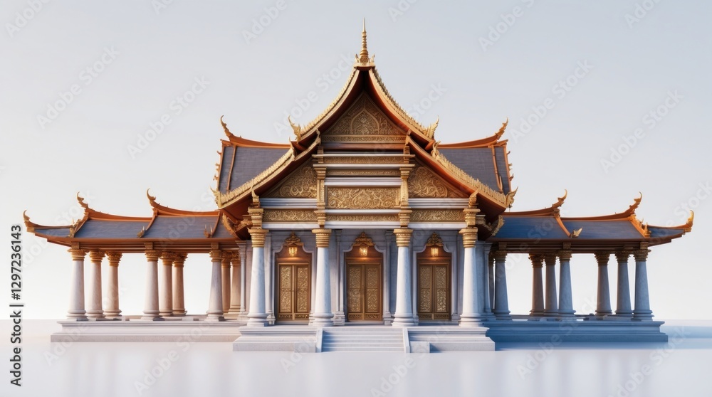 Fototapeta premium Ornate Traditional Architecture with Golden Details and Pillars, Ideal for Cultural and Histori