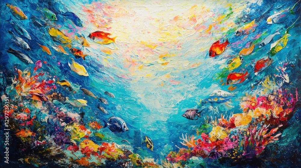 Naklejka premium Vibrant underwater scene with colorful fish and coral reef.