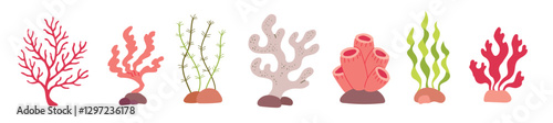 Set collection with ocean see elements reef flora plants. Corals and seaweed