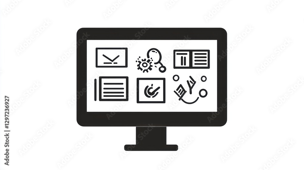Computer screen displaying diverse app icons; workflow, productivity, digital workspace; website background Computer screen displaying diverse app icons; workflow, productivity, digital workspace; website background