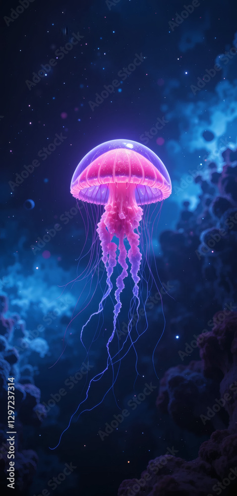 Naklejka premium Neon-colored Jellyfish Floating in the Infinite Void of Space