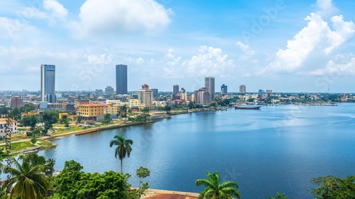 Panoramic View of Abidjan Plateau with Urban Skyline Overlooking the Sea and Stunning Architecture