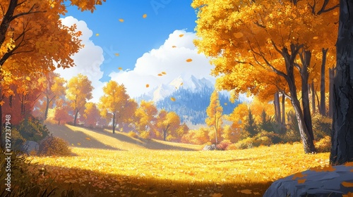 Sunny autumn landscape with golden foliage, hills, and distant mountains.