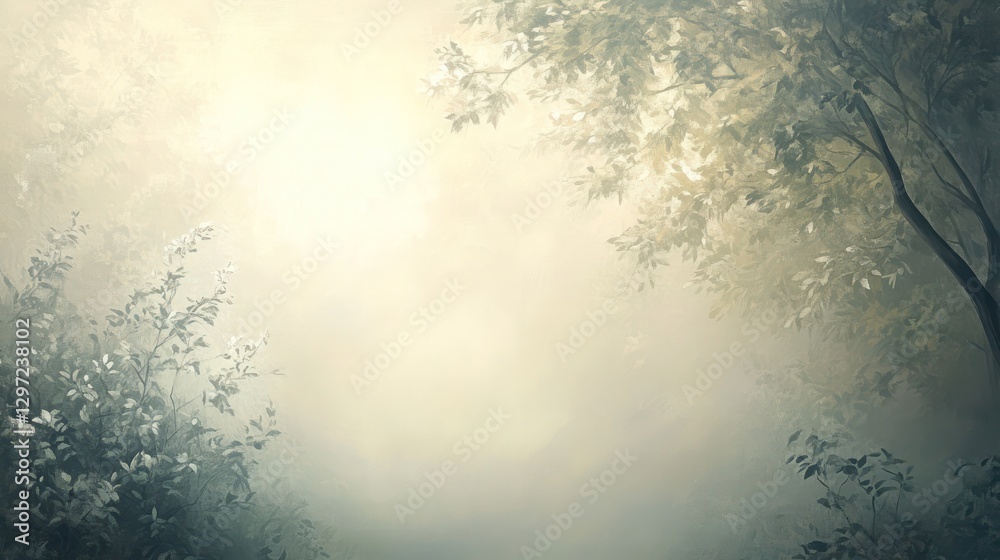 Fototapeta premium The painting shows trees and leaves in a foggy setting