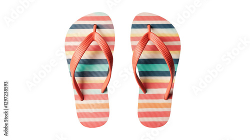 Colorful flip-flops with striped pattern, perfect for beach or poolside, isolated on white background, PNG format, top view