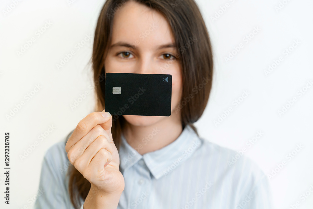 Cute girl holding black card at front of her lips with copy space Cute girl holding black card at front of her lips with copy space