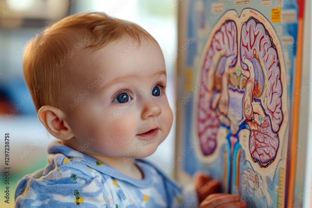 Baby gazes at colorful anatomical brain diagram on a wall indoors in a bright room.