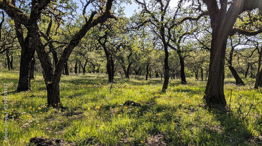 Sunny woodland with wildflowers and oak trees. Sunny woodland with wildflowers and oak trees.