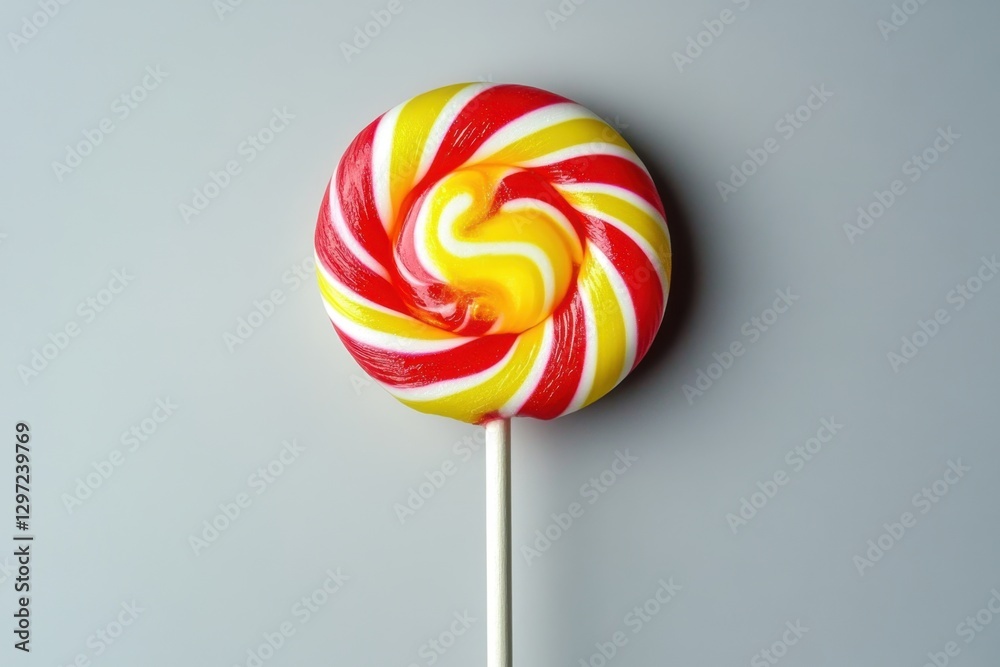 A Colorful Swirl Lollipop Candy Sits Upon A White Stick A Colorful Swirl Lollipop Candy Sits Upon A White Stick