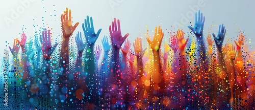 many human hands raised up, colorfull