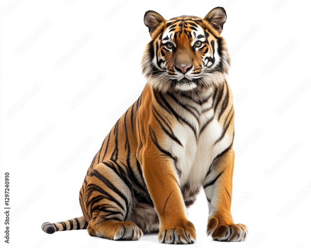 Obraz premium Majestic Tiger at Rest: A Proud Big Cat Posed Elegantly on a White Background