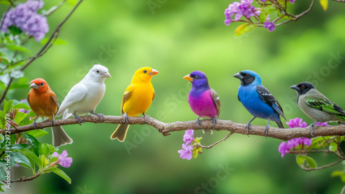 A vibrant group of colorful birds perched on a branch surrounded by lush green foliage
