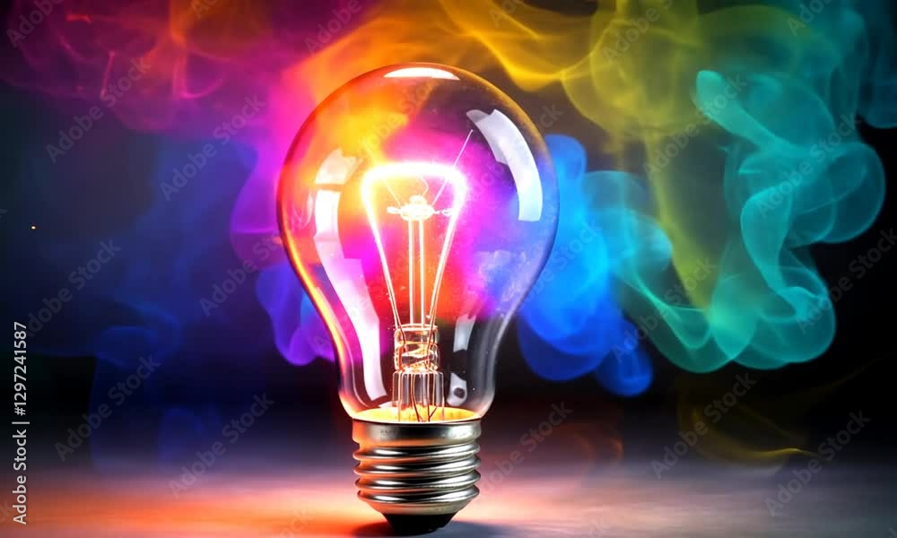 Glowing light bulb surrounded by swirling colorful smoke, concept of creativity and innovation Glowing light bulb surrounded by swirling colorful smoke, concept of creativity and innovation