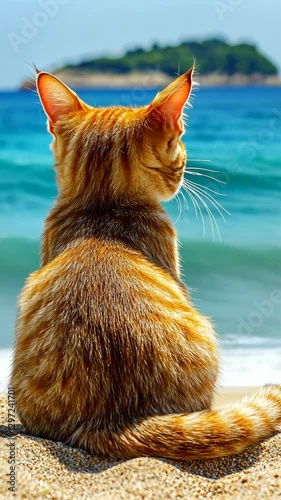 Orange tabby cat gazing at the serene beach and distant island under a bright sunny sky