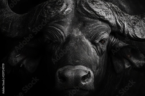 Majestic Cape Buffalo Bull Gazing Directly at the Camera Amidst Natural Wildlife Setting
