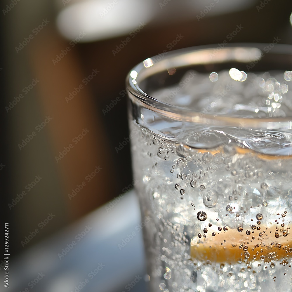 Refreshing Glass of Sparkling Water with Lemon Slice on Table under Bright Natural Sunlight Refreshing Glass of Sparkling Water with Lemon Slice on Table under Bright Natural Sunlight