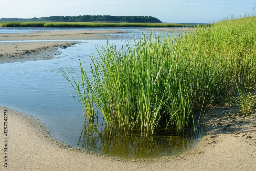 Lush Reed Grass Flourishing in Brackish Waters Along a Summer River Merging with an Ocean Bay Landscape Lush Reed Grass Flourishing in Brackish Waters Along a Summer River Merging with an Ocean Bay Landscape