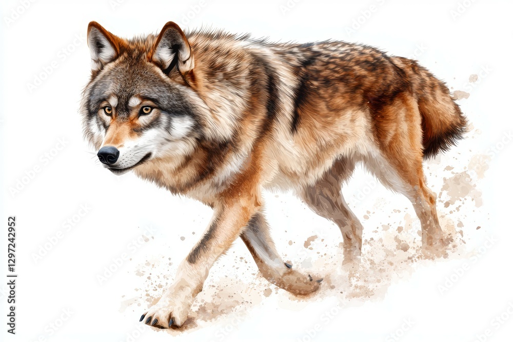 Naklejka premium Wolf is walking through the sand, looking to the right