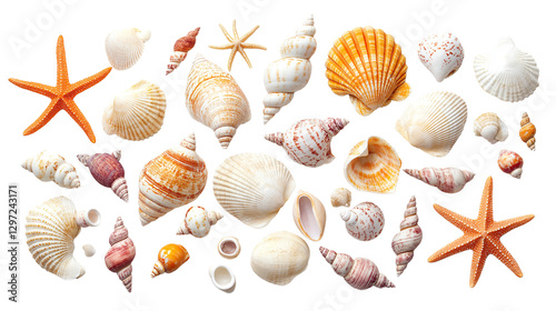 Seashell collection with starfish and small colorful shells, perfect beach memories, isolated on white background, PNG format, top view