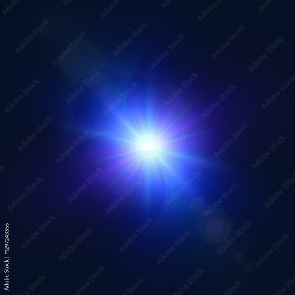 Bright blue lens flare light reflection. Abstract glow and star effect for illustrations and game interface design. Vector