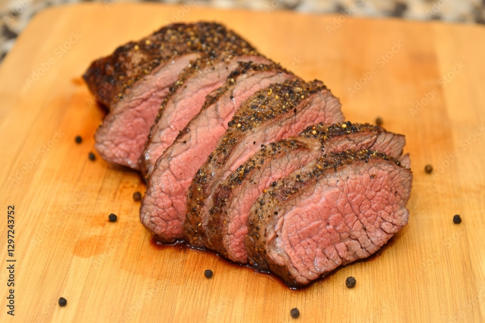Piece of meat is cut into slices and sprinkled with pepper Piece of meat is cut into slices and sprinkled with pepper