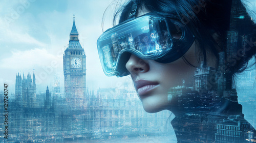 Futuristic Vision of London with a Woman in VR Goggles