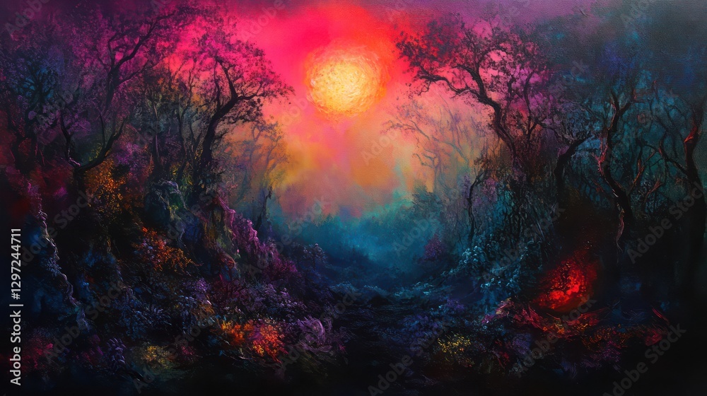 Fototapeta premium A vibrant colorful forest with an illuminated bright sun setting