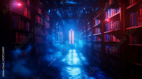 Mysterious dark academia aesthetic hallway with vintage books and eerie lighting