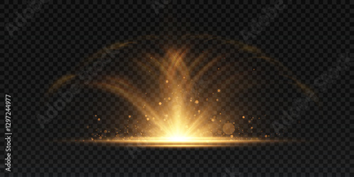 Abstract light effect with golden light lines and flash of light in vertical projection on transparent background. Vector illustration