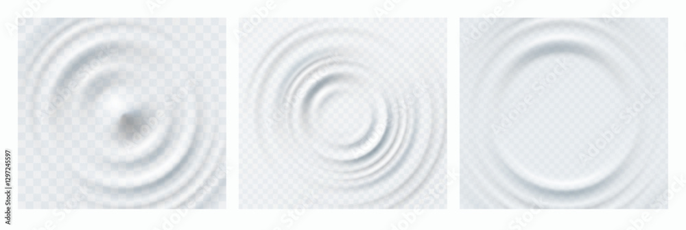 Ripple, splash water waves surface from drop isolated on transparent backgrounds. White sound impact effect top view. Vector circle liquid shampoo, cream or gel swirl round texture templates