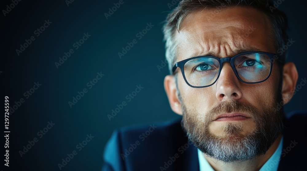 A pensive businessman with glasses and a beard exudes a captivating intensity, suggesting an analytical mindset, setting the tone for deep discussions in a professional space. A pensive businessman with glasses and a beard exudes a captivating intensity, suggesting an analytical mindset, setting the tone for deep discussions in a professional space.