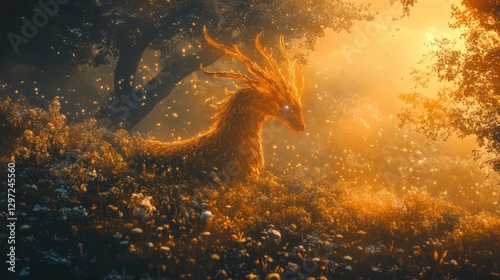 A glowing dragon creature rests in a bright sunny meadow