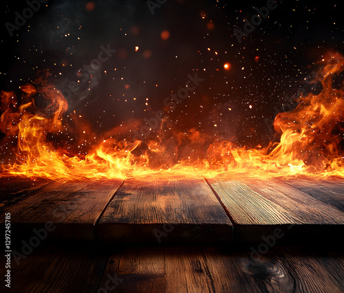 wooden table with Fire burning at the edge of the table, fire particles, sparks, and smoke in the air, with fire flames on a dark background to display products and spicy foods