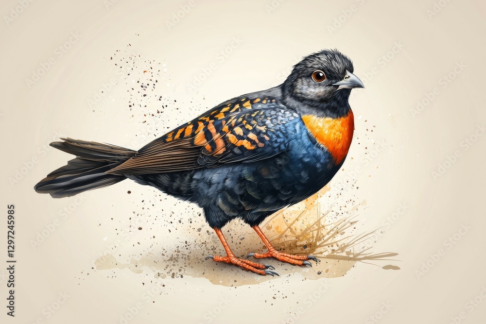 Fototapeta premium Bird with orange and black feathers is standing on a sandy surface