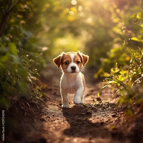Puppy in Nature Trail with Curious Expression DSLR Image