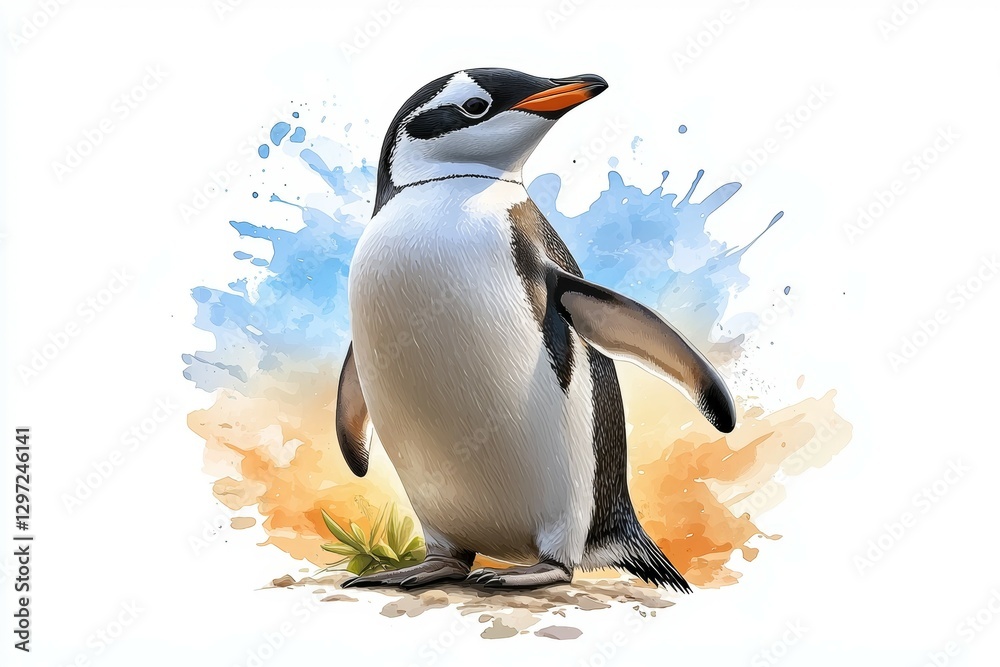Naklejka premium Penguin is standing on a beach with a splash of water behind it