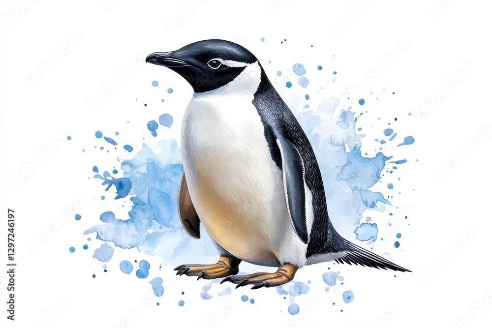 Obraz premium Penguin is standing on a white background with blue splatters