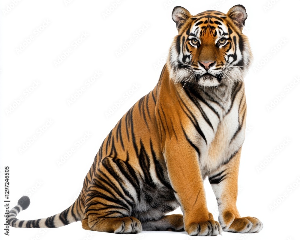 Fototapeta premium Proud Tiger at Rest, Majestically Positioned Against a Clean White Background