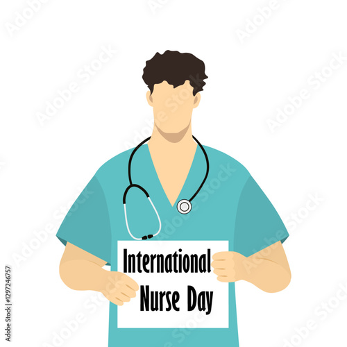  A young man nurse in medical uniform holds a banner in her hands with the inscription International Nurses day. Celebrated annually in 12 May. Vector illustration Not AI generated