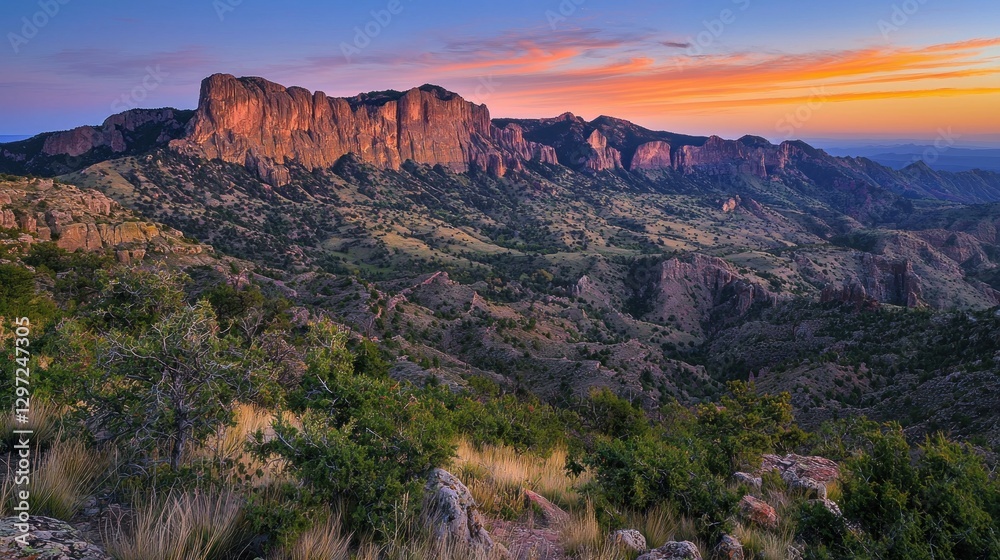 Sunset over dramatic mountain range, desert landscape. Sunset over dramatic mountain range, desert landscape.