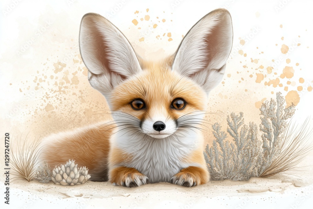 Fototapeta premium Cute little fox is laying down in the sand