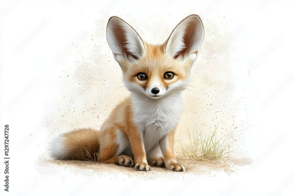 Cute little fox is sitting on the ground with its ears perked up Cute little fox is sitting on the ground with its ears perked up