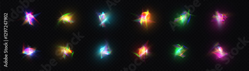 Rainbow light rays, lens flare, reflection effect from crystal, glass or gem. Vector realistic illustration set of light leak effect with spectrum glare, prism refraction, lens flare	